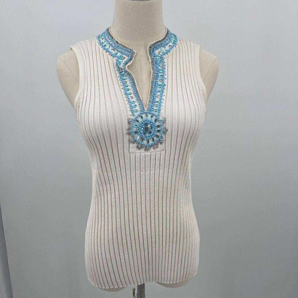 Belldini  womans top large turquoise beaded neckline sleeveless white ribbed